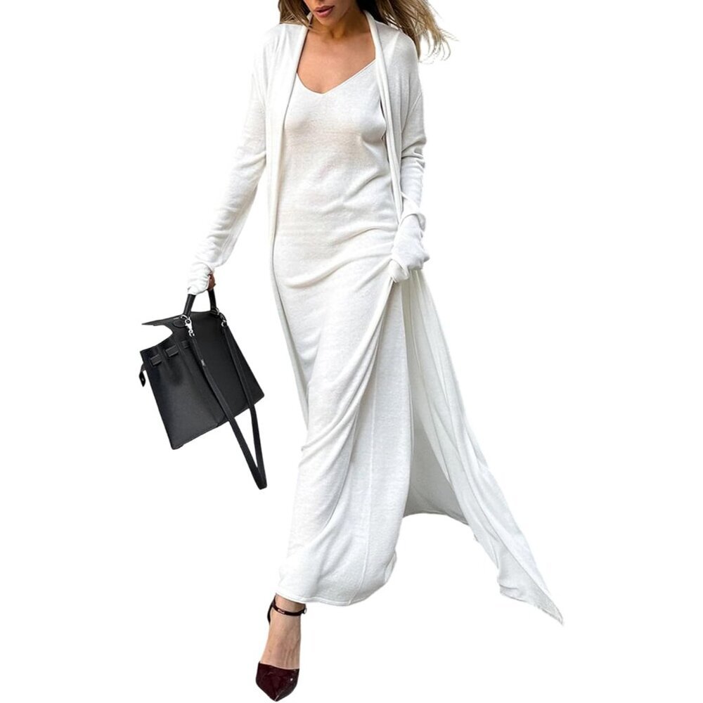 Womens Knit Lounge Set 2 Piece Maxi Dress And Long Cardigans Fall Winter